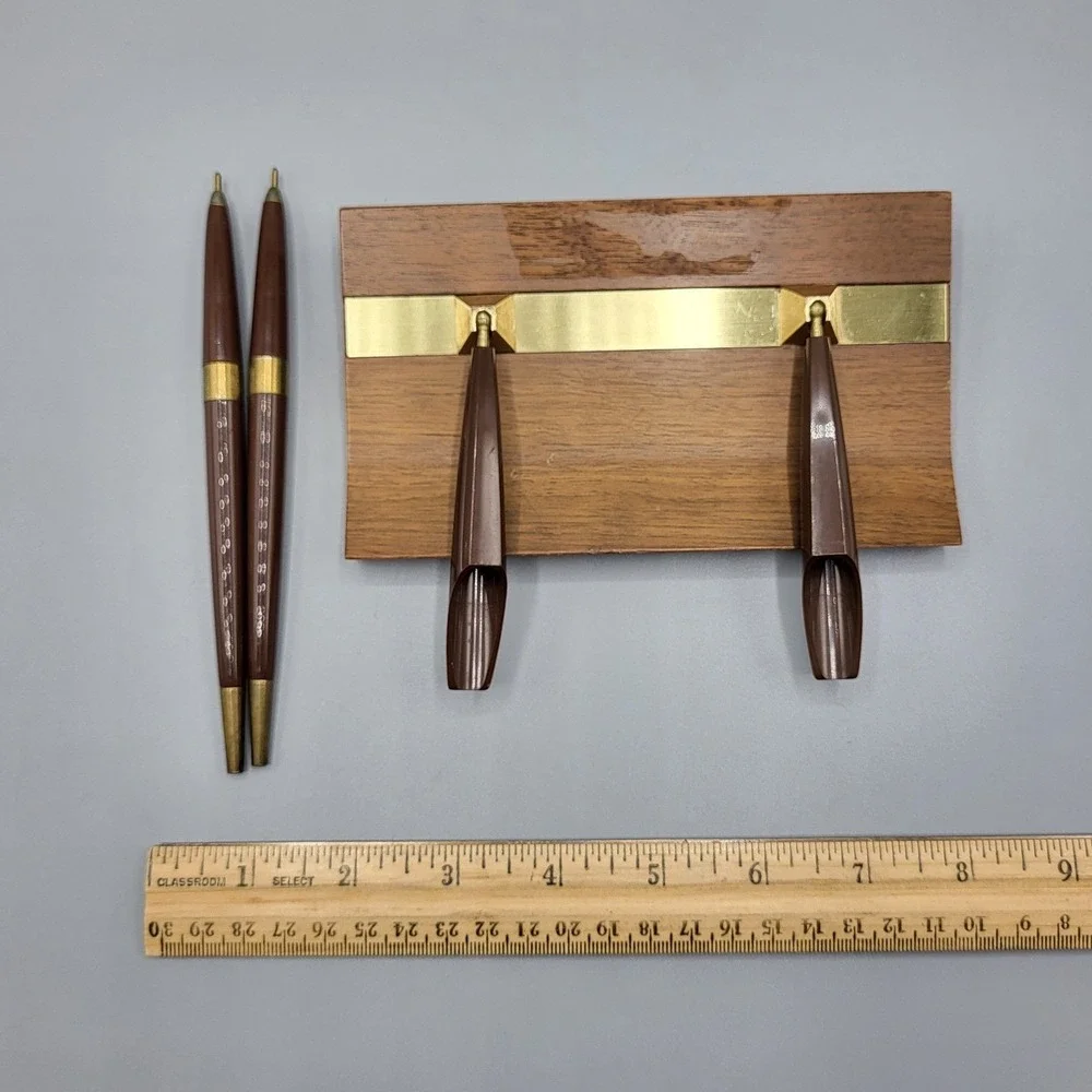 Vintage Double Pen Desk Set Wood Brass MCM Office Decor Brown